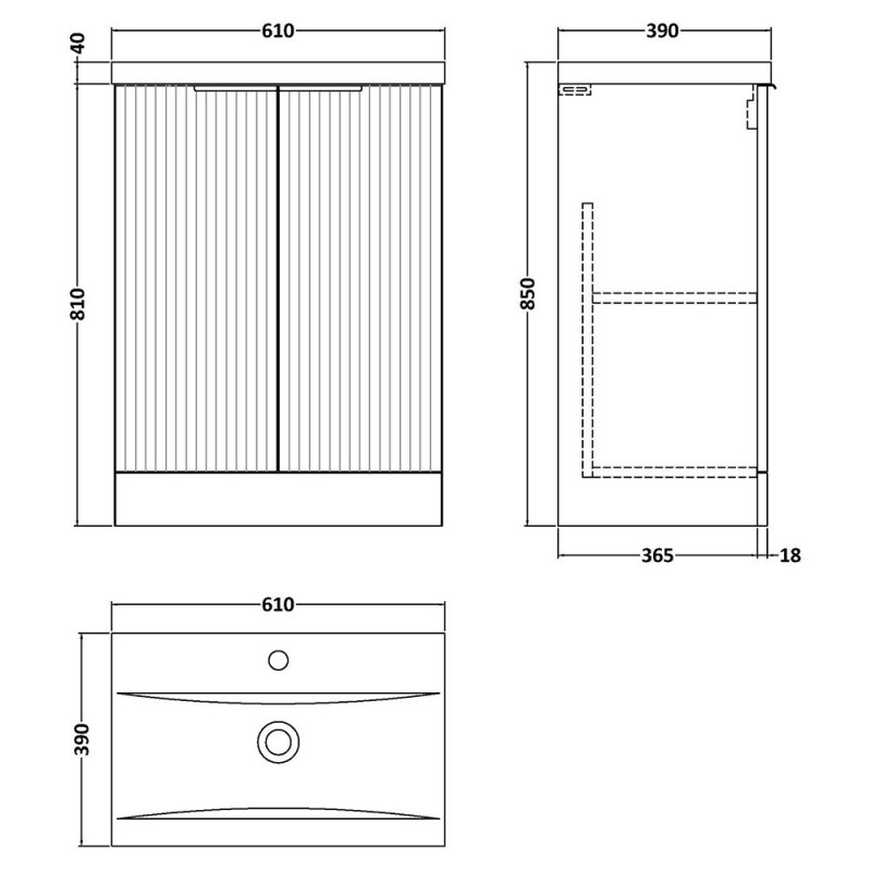 Fluted 600mm Freestanding Cabinet Vanity Units