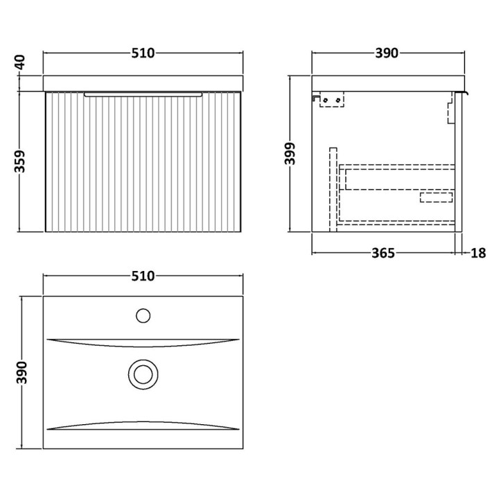 Fluted 500mm Wall Hung Single Drawer Vanity Units