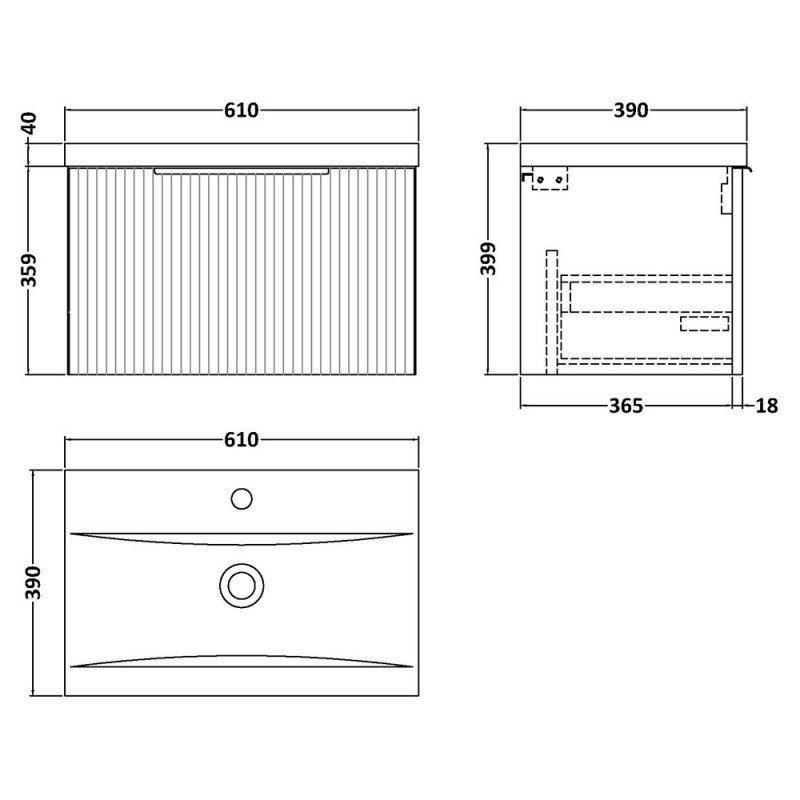 Fluted 600mm Wall Hung Single Drawer Vanity Units