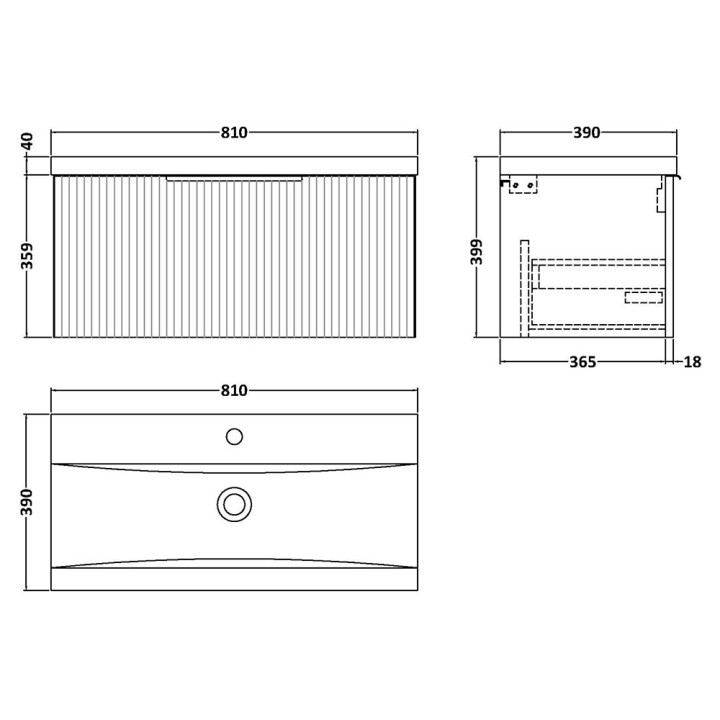 Fluted 800mm Wall Hung Single Drawer Vanity Units