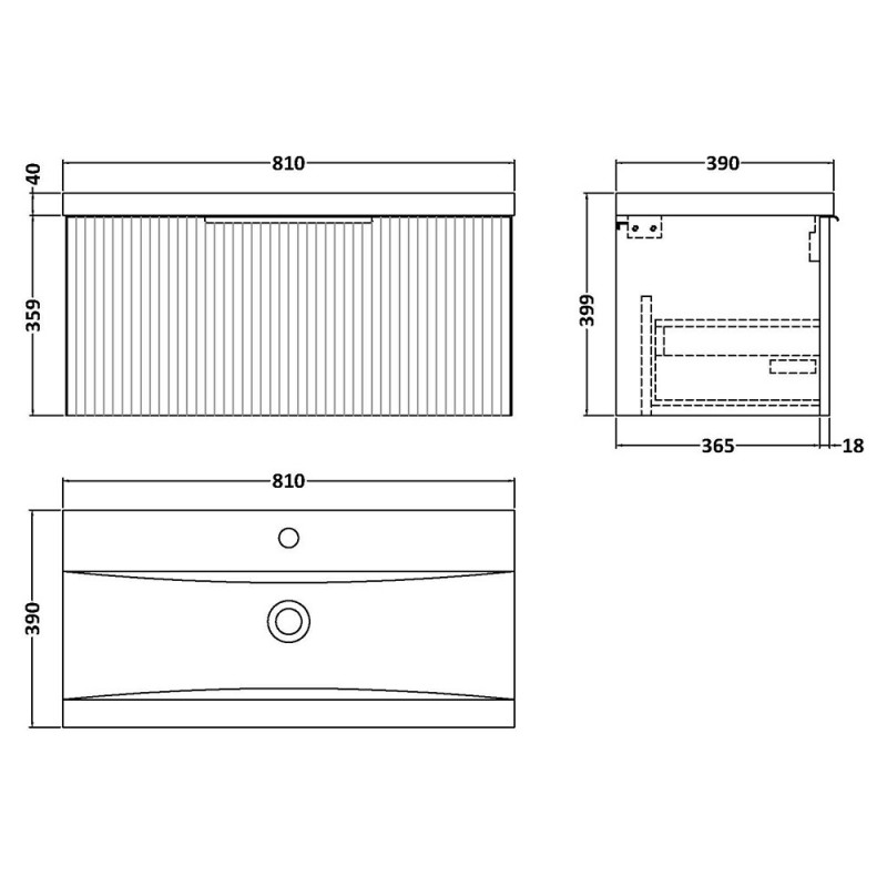 Fluted 800mm Wall Hung Single Drawer Vanity Units