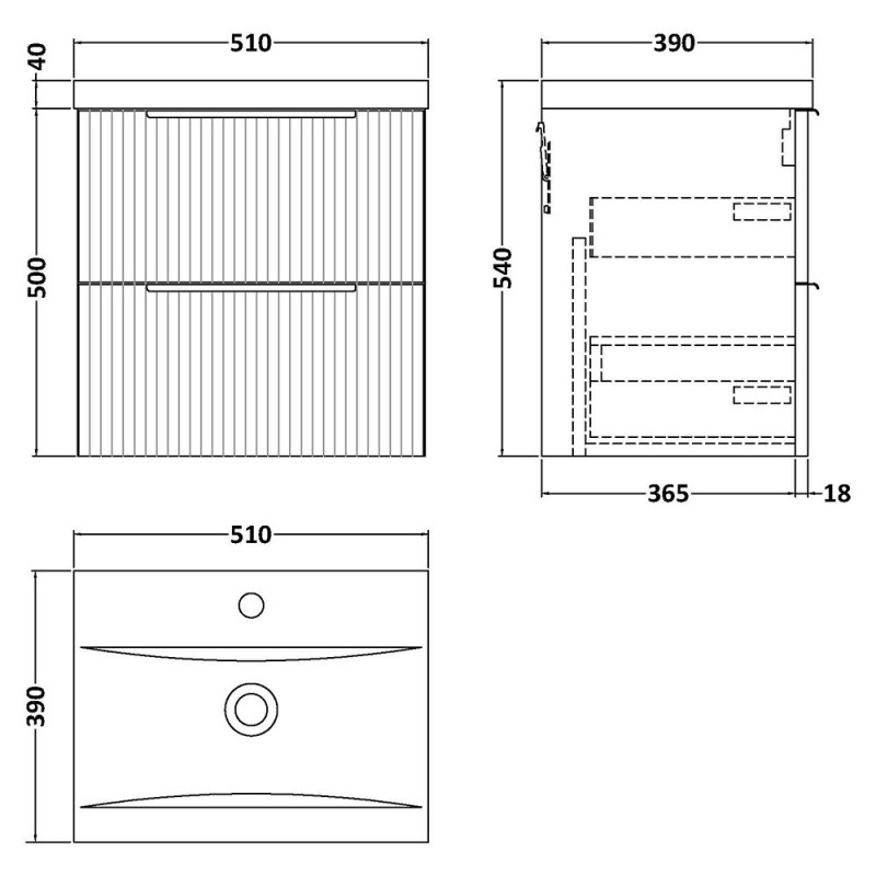 Fluted 500mm Wall Hung Double Drawer Vanity Units