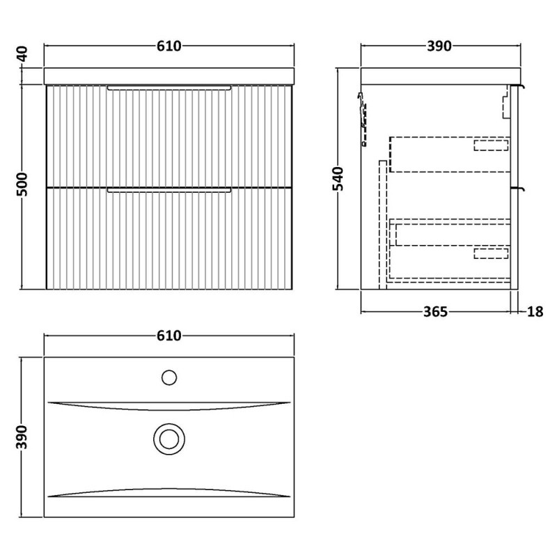 Fluted 600mm Wall Hung Double Drawer Vanity Units