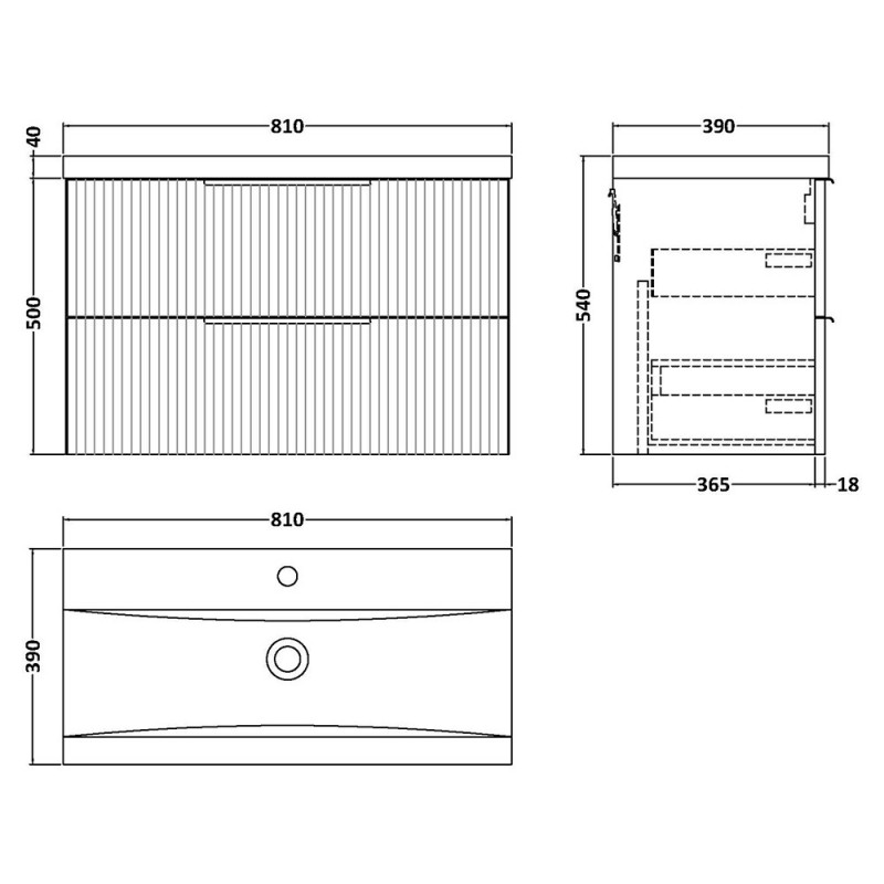 Fluted 800mm Wall Hung Double Drawer Vanity Units