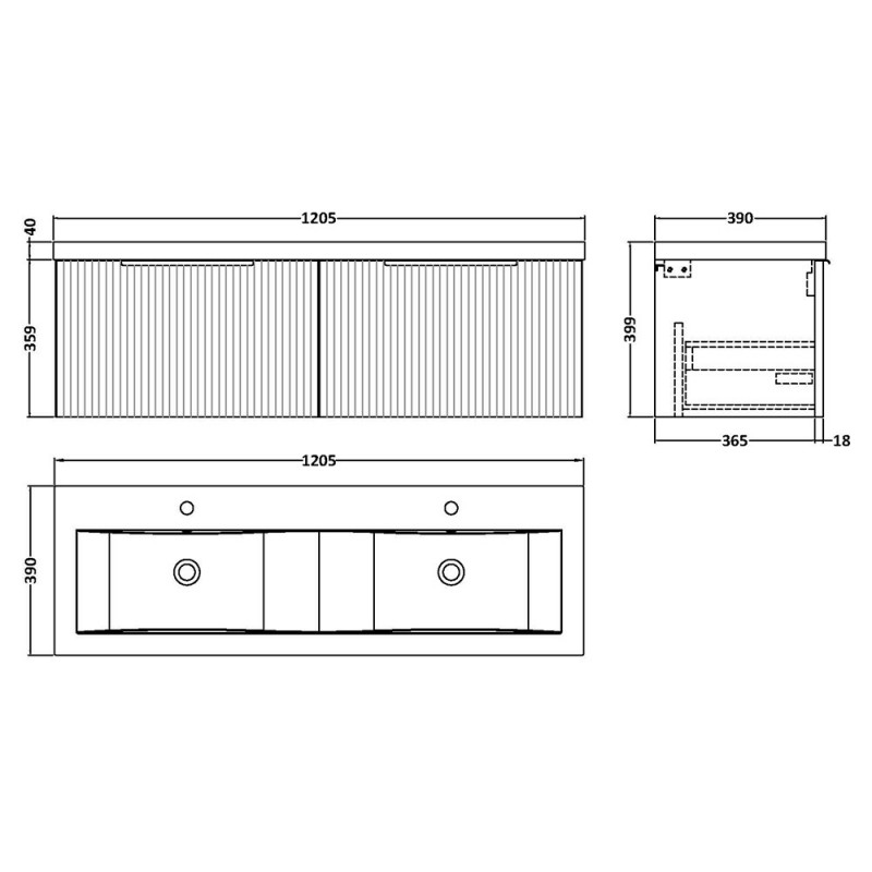 Fluted 1200mm Wall Hung Double Drawer Vanity Units