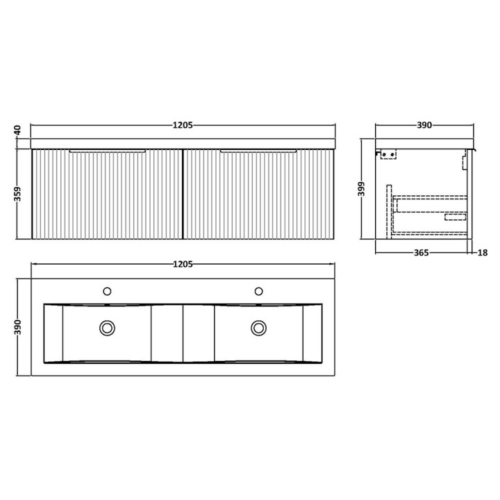 Fluted 1200mm Wall Hung Double Drawer Vanity Units