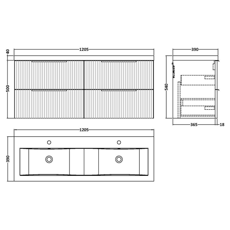 Fluted 1200mm Wall Hung Four Drawer Vanity Units