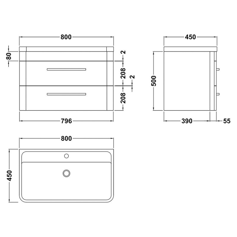 Solar 800mm Wall Hung Double Drawer Vanity Units