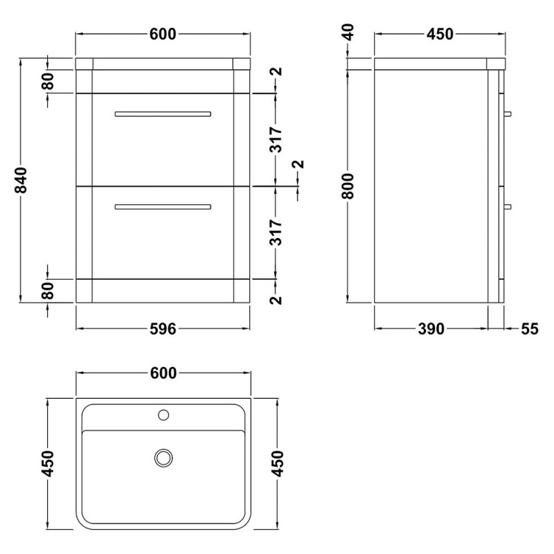 Solar 600mm Freestanding Double Drawer Vanity Units