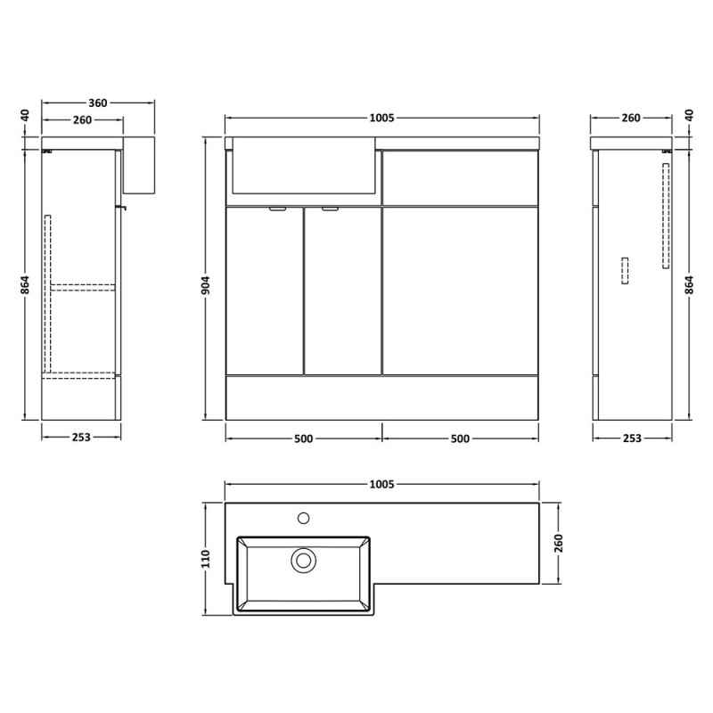 Fusion 1000mm Semi-recessed Freestanding Combination Toilet & Square Basin Vanity Units