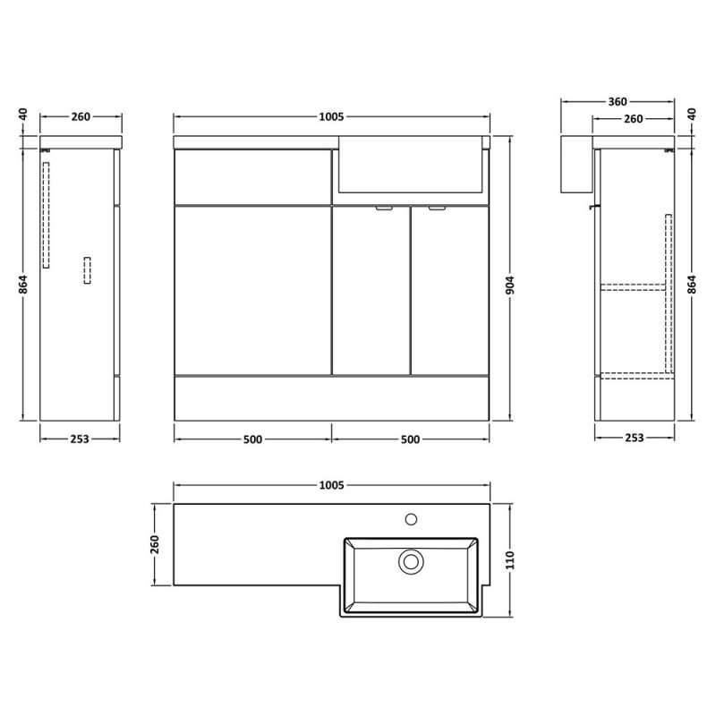 Fusion 1000mm Semi-recessed Freestanding Combination Toilet & Square Basin Vanity Units