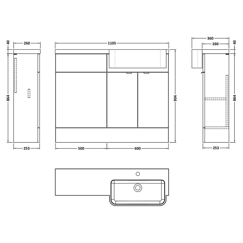 Fusion 1100mm Semi-recessed Freestanding Combination Toilet & Round Basin Vanity Units