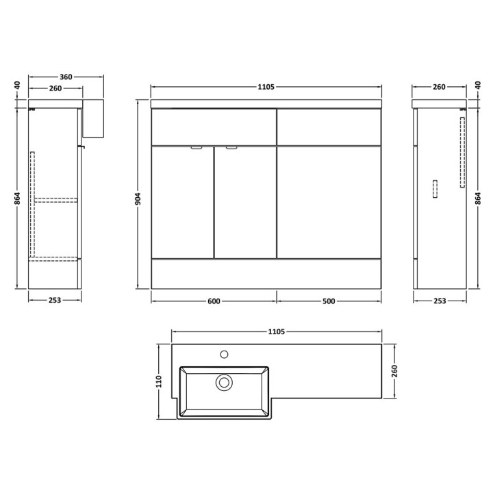 Fusion 1100mm Semi-recessed Freestanding Combination Toilet & Square Basin Vanity Units