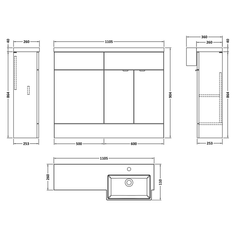 Fusion 1100mm Semi-recessed Freestanding Combination Toilet & Square Basin Vanity Units