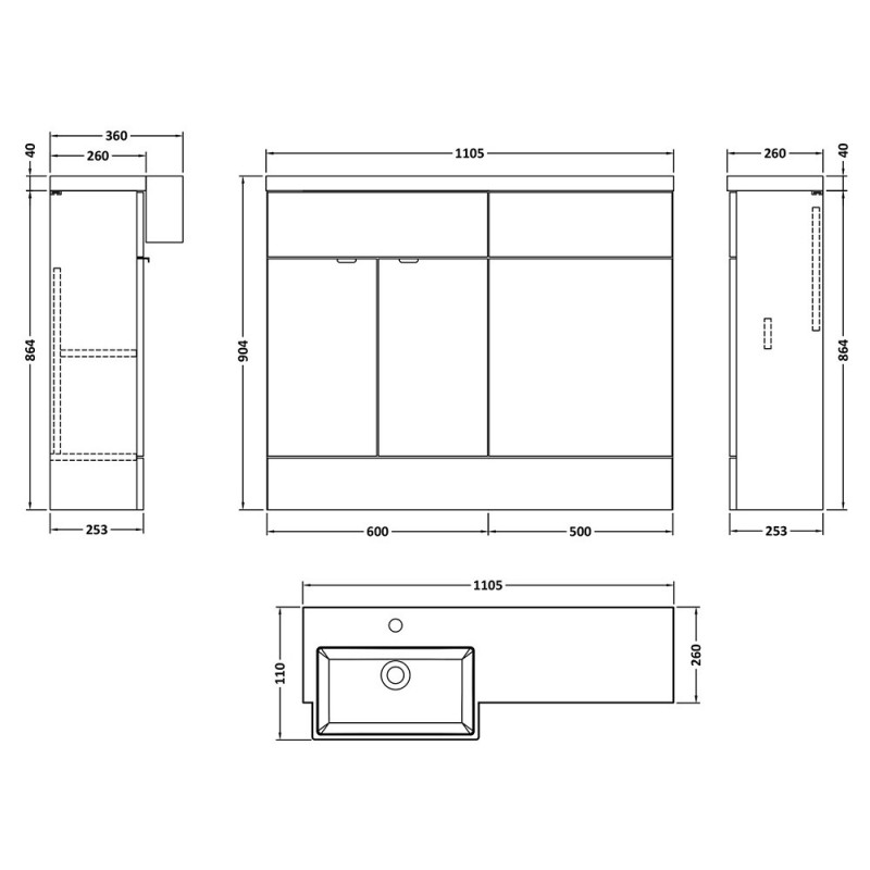 Fusion 1100mm Semi-recessed Freestanding Combination Toilet & Square Basin Vanity Units