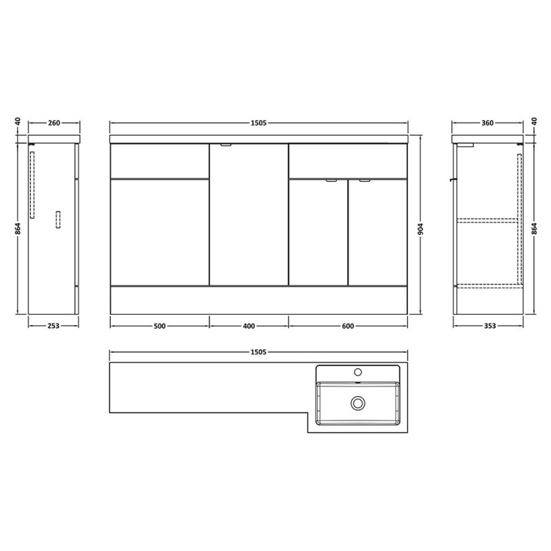 Fusion 1500mm Full Depth Freestanding Combination Vanity Toilet and Storage Units