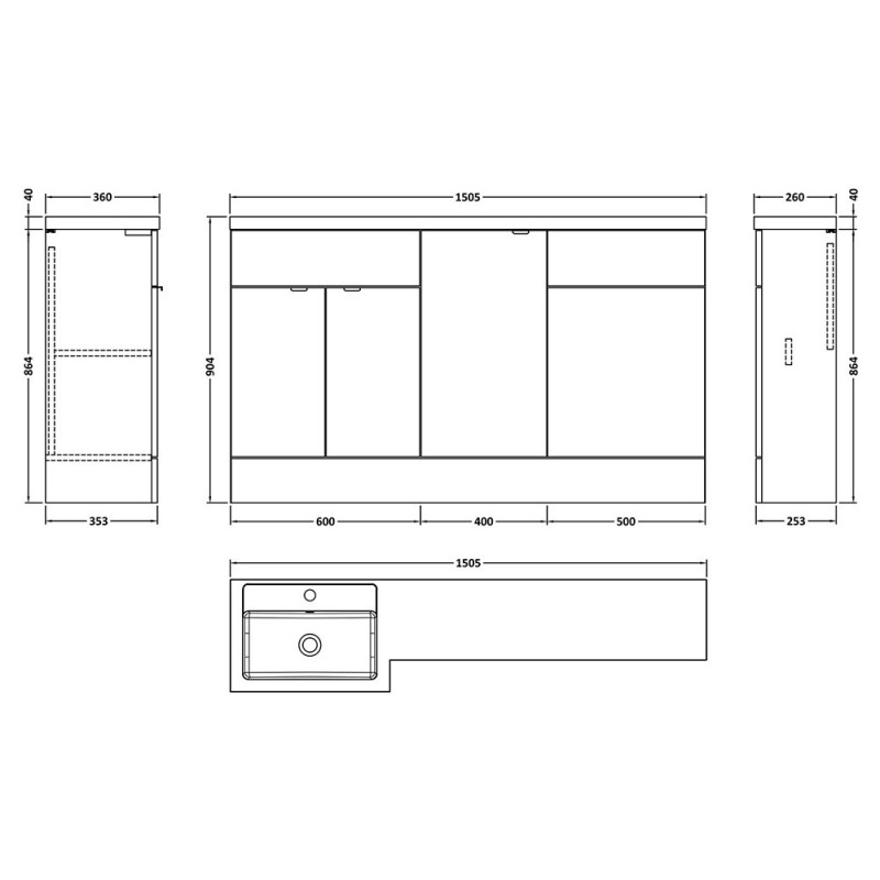 Fusion 1500mm Full Depth Freestanding Combination Vanity Toilet and Storage Units