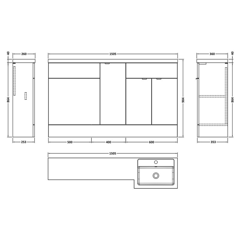 Fusion 1500mm Full Depth Freestanding Combination Vanity Toilet and Storage Units