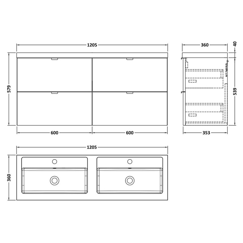 Fusion 1200mm Full Depth Wall Hung Drawers Vanity Units