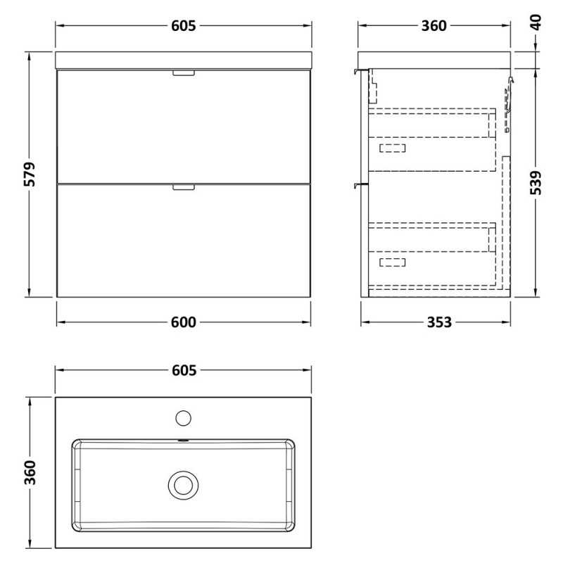 Fusion 600mm Full Depth Wall Hung Drawers Vanity Units