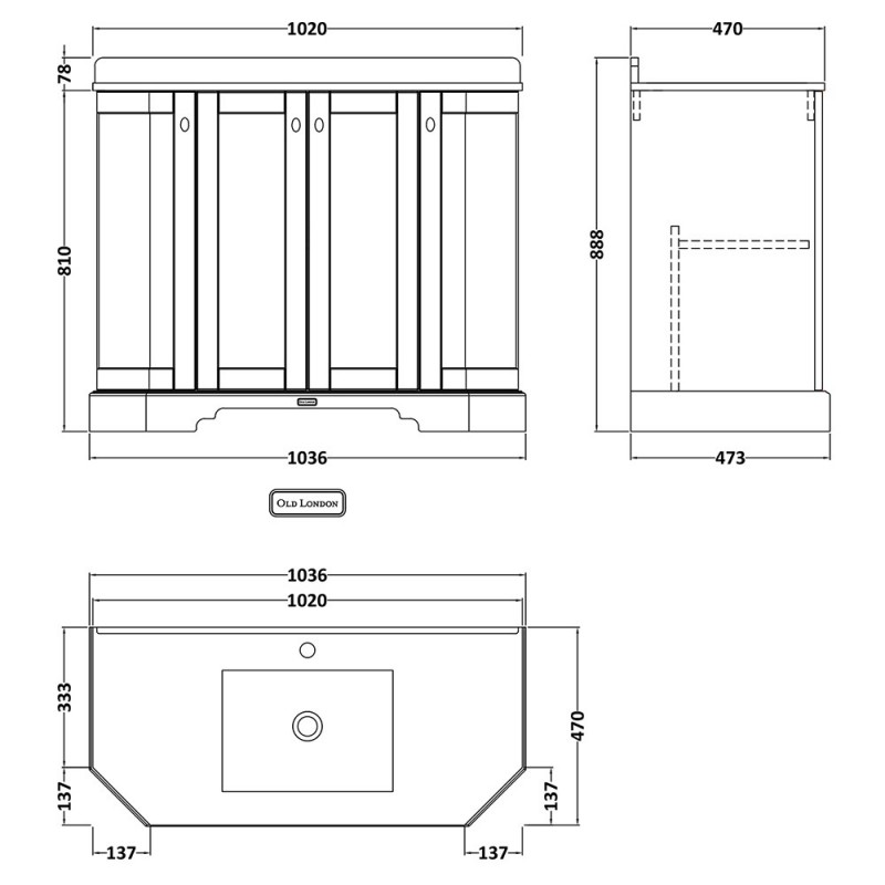 Old London 1000mm Angled Traditional Vanity Basin
