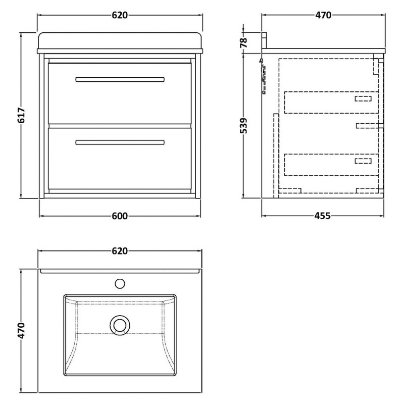 Lille 600mm Wall Hung Double Drawer Vanity Units With Marble Tops