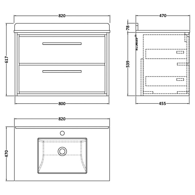 Lille 800mm Wall Hung Double Drawer Vanity Units With Marble Tops