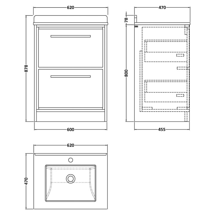 Lille 600mm Freestanding Double Drawer Vanity Units With Marble Tops