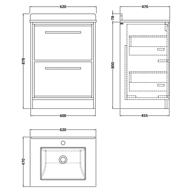 Lille 600mm Freestanding Double Drawer Vanity Units With Marble Tops