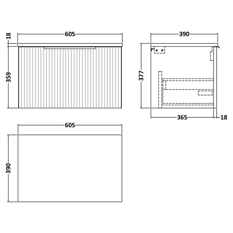 Fluted 600mm Wall Hung Single Drawer Worktop Vanity Units