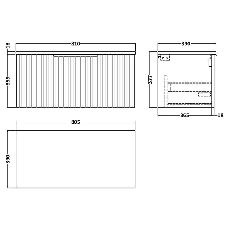 Fluted 800mm Wall Hung Single Drawer Worktop Vanity Units