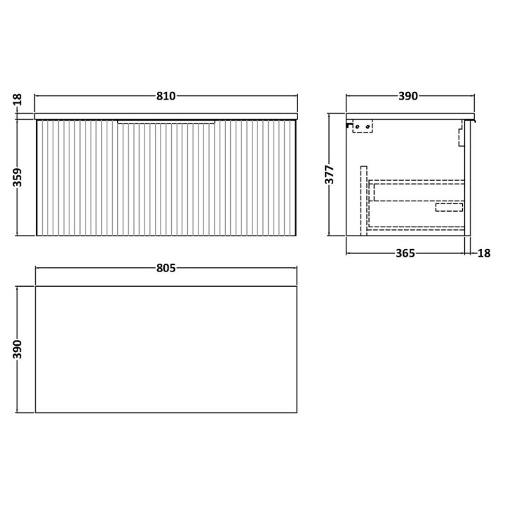 Fluted 800mm Wall Hung Single Drawer Worktop Vanity Units