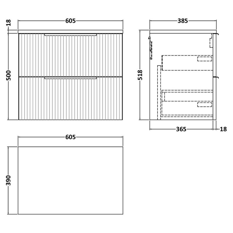 Fluted 600mm Wall Hung Double Drawer Worktop Vanity Units