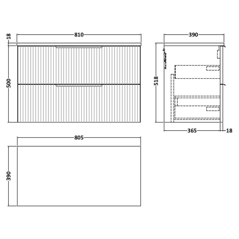 Fluted 800mm Wall Hung Double Drawer Worktop Vanity Units