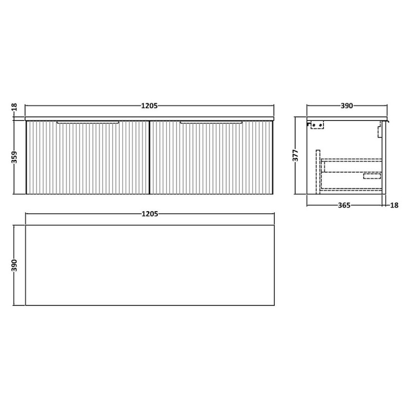 Fluted 1200mm Wall Hung Double Drawer Worktop Vanity Units