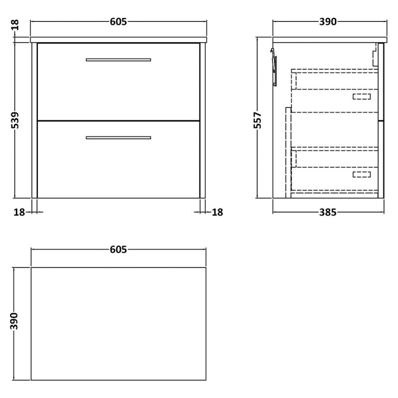 Juno 600mm Wall Hung Double Drawer Worktop Vanity Units