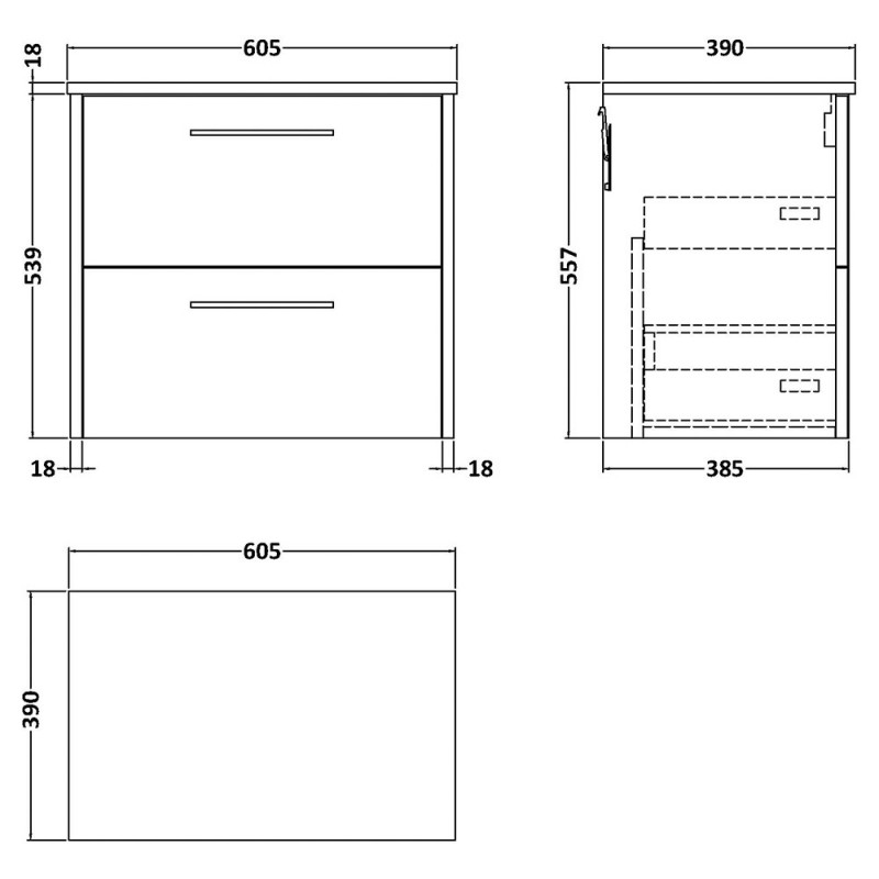 Juno 600mm Wall Hung Double Drawer Worktop Vanity Units