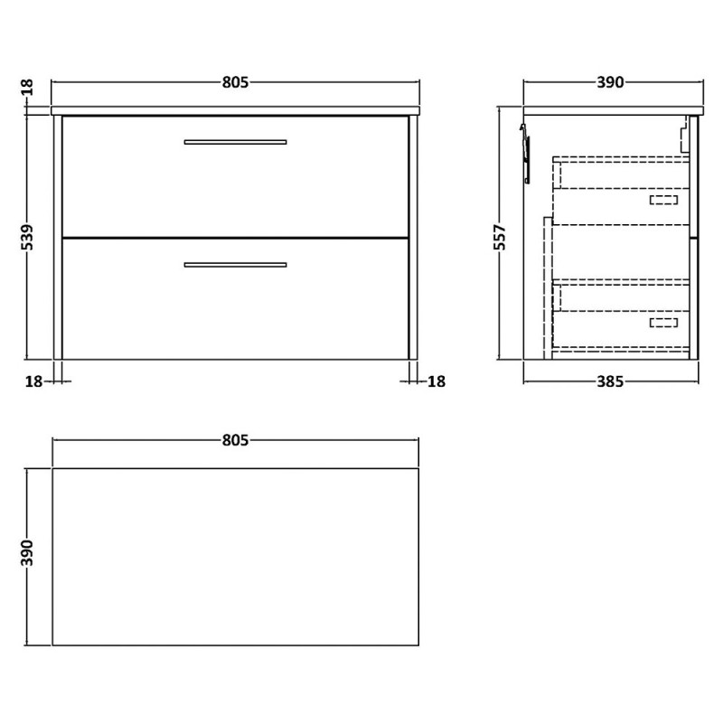 Juno 800mm Wall Hung Double Drawer Worktop Vanity Units