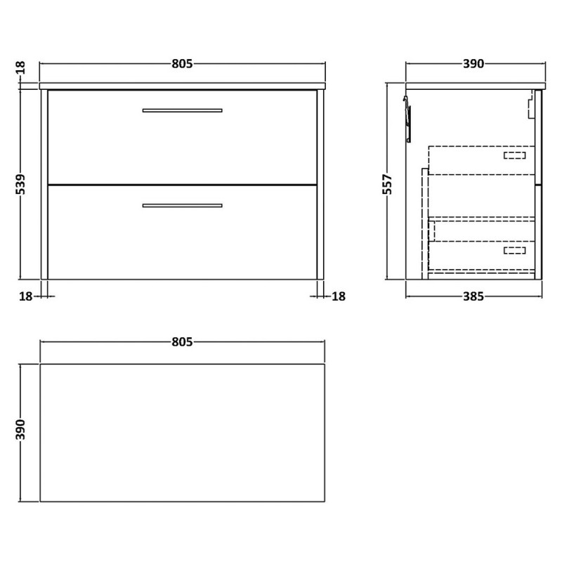 Juno 800mm Wall Hung Double Drawer Worktop Vanity Units