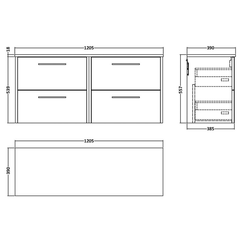 Juno 1200mm Wall Hung Double Drawer Worktop Vanity Units