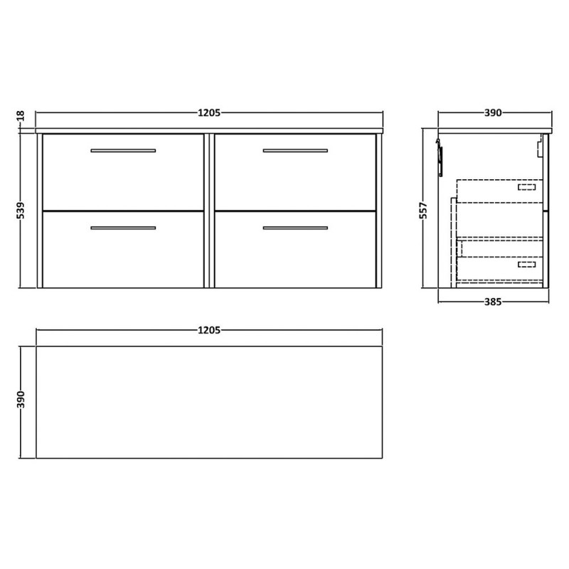 Juno 1200mm Wall Hung Double Drawer Worktop Vanity Units