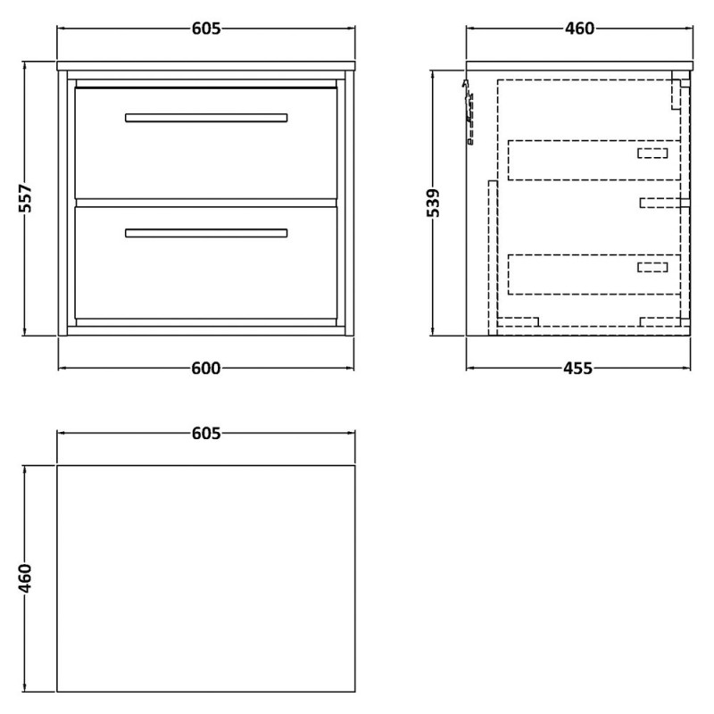 Lille 600mm Wall Hung Double Drawer Worktop Vanity Units