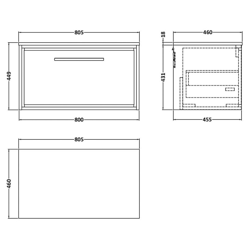 Lille 800mm Wall Hung Single Drawer Worktop Vanity Units