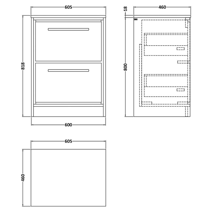 Lille 600mm Freestanding Double Drawer Worktop Vanity Units