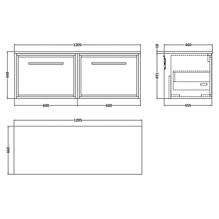 Lille 1200mm Wall Hung Double Drawer Worktop Vanity Units