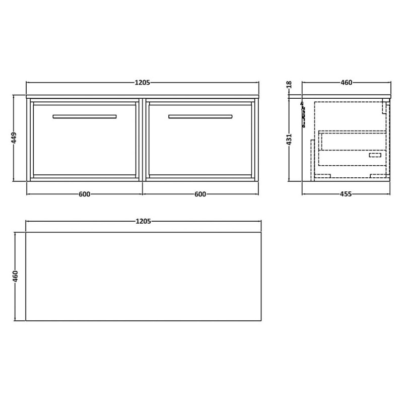 Lille 1200mm Wall Hung Double Drawer Worktop Vanity Units