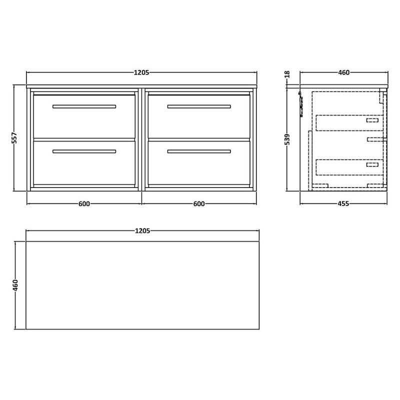 Lille 1200mm Wall Hung Four Drawer Worktop Vanity Units