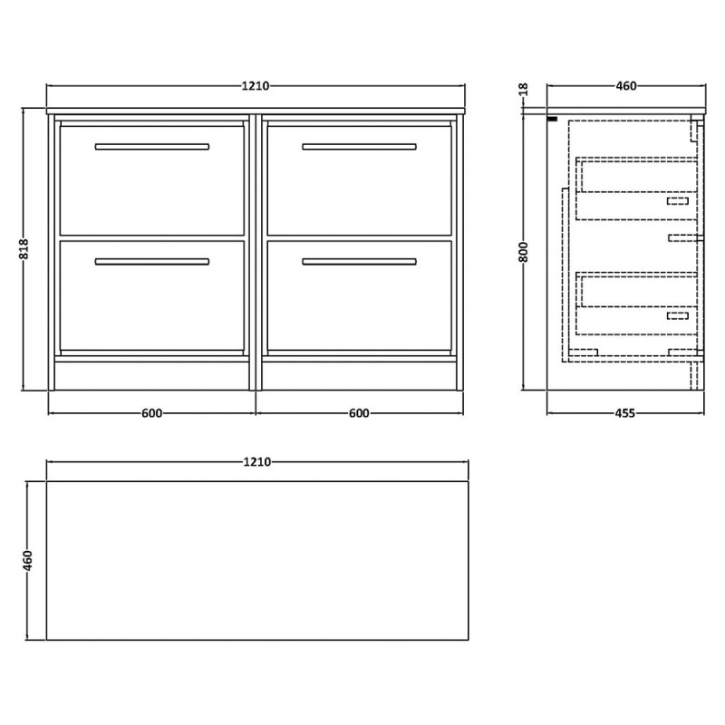 Lille 1200mm Freestanding Four Drawer Worktop Vanity Units