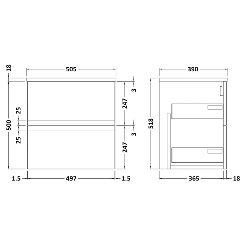 Urban 500mm Wall Hung Double Drawer Worktop Vanity Units