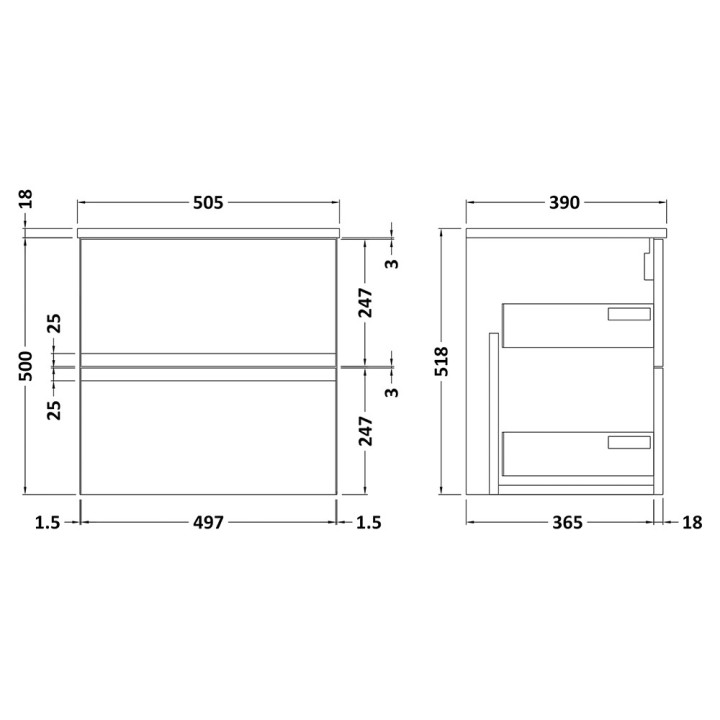 Urban 500mm Wall Hung Double Drawer Worktop Vanity Units